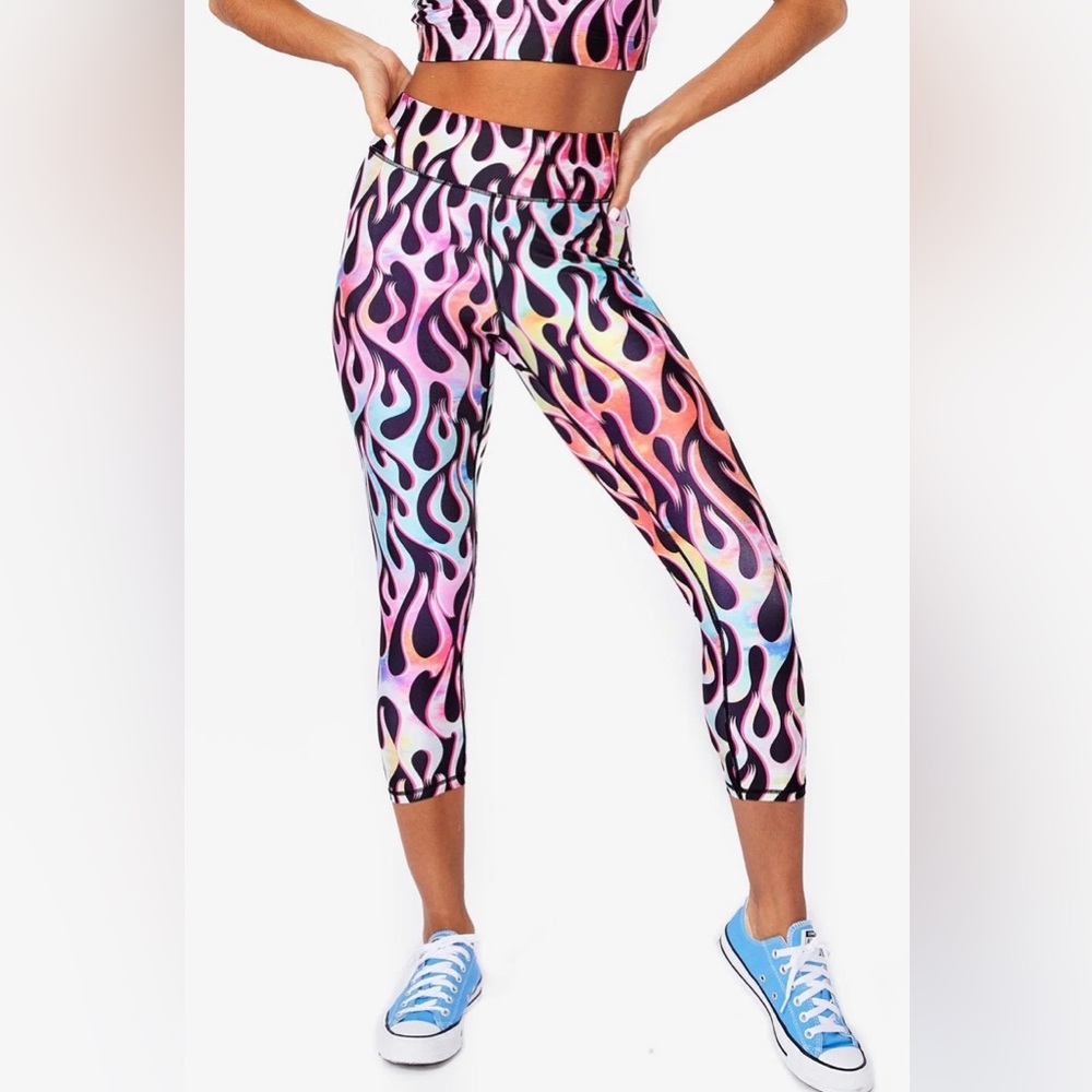 TEREZ X TORCHD M Rainbow Flame Printed Hi-Shine Compression Legging Tights Crop